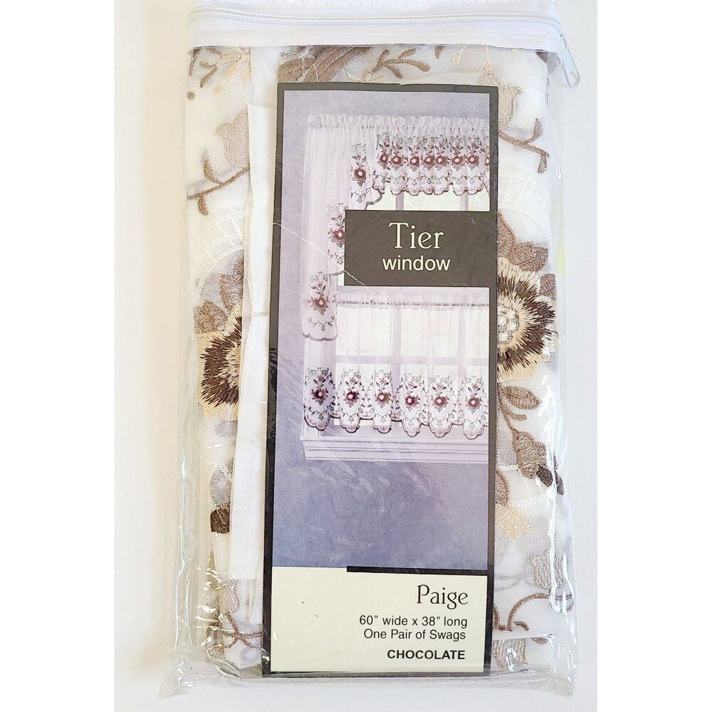 Paige Chocolate Floral Tier Window Curtain Swags 60" W X 38" L Polyester